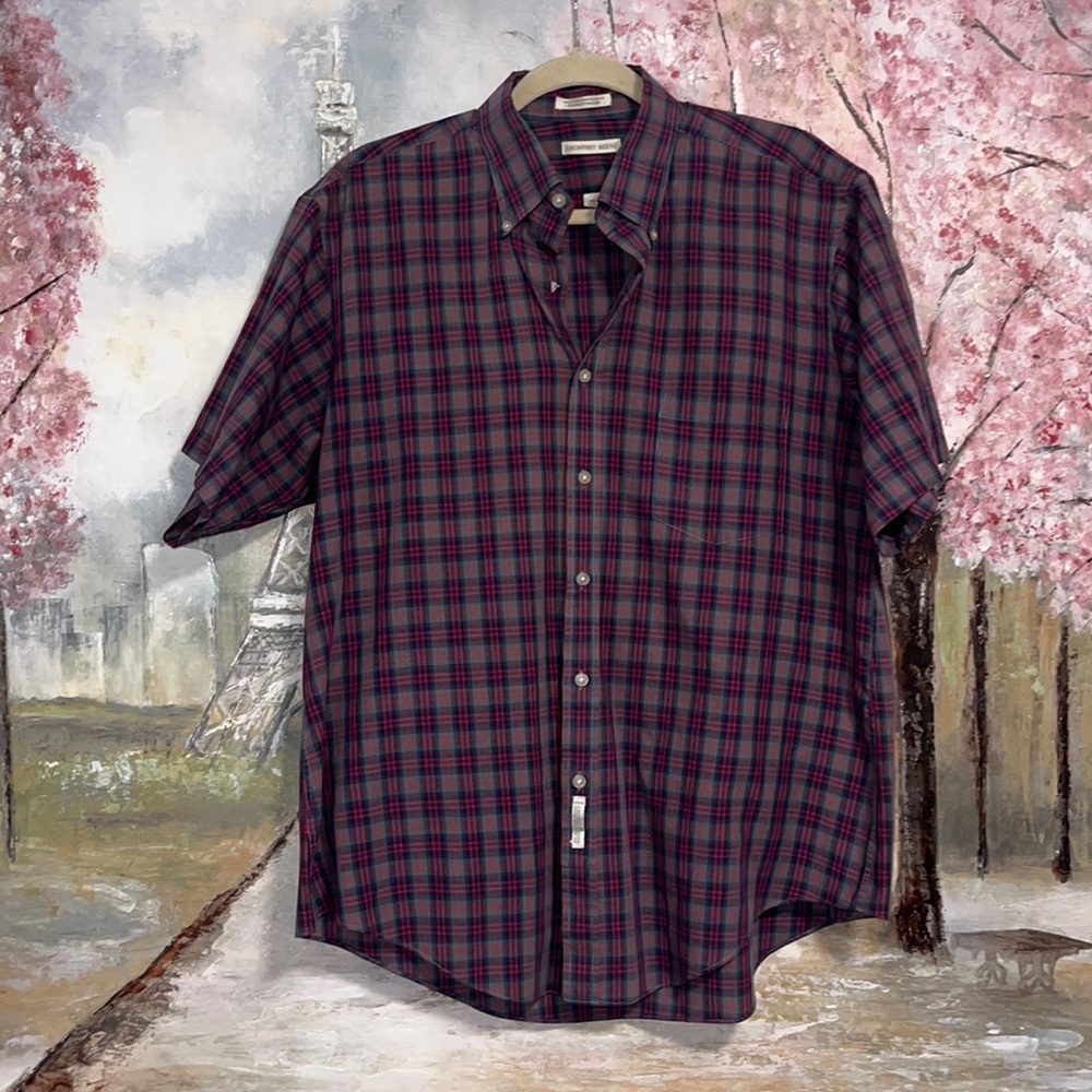 Geoffery Beene Short Sleeve Button Up Red and Navy Plaid Shirt sz 16.5" Neck EUC